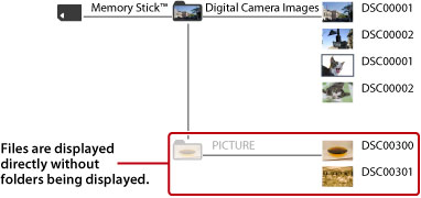 Folders and image files stored in the DCIM folder are displayed. Image files included in the PICTURE folder are displayed directly without folders being displayed.